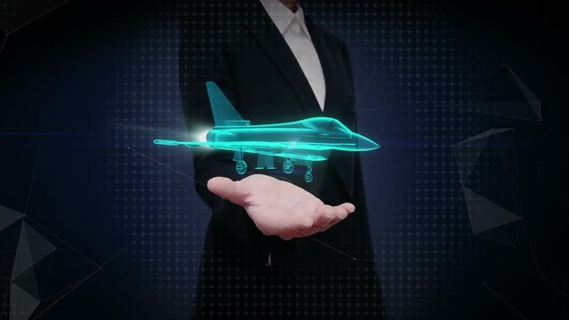 Businesswoman open palms, rotating Airforce plane. x-ray image.
