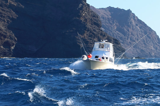 Fishing yacht on the waves near the rocks
