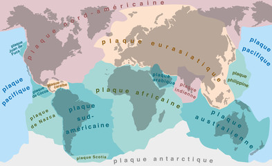 Tectonic Plates - FRENCH TERMS! - world map with major an minor plates - vector illustration.