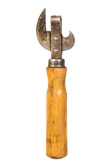 Old dirty, rusty can opener with wood handle isolated on white.