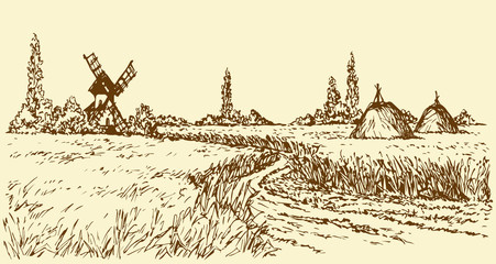 Vector landscape. Road to old windmill