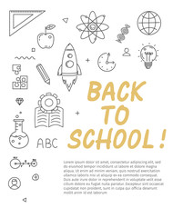 Back to school text with various education icon elements on background.