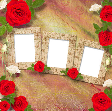 Beautiful greeting card with bouquet of red roses, ribbons