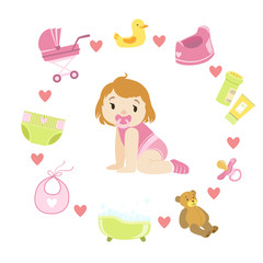 Baby Girl Surrounded With Object It Needs