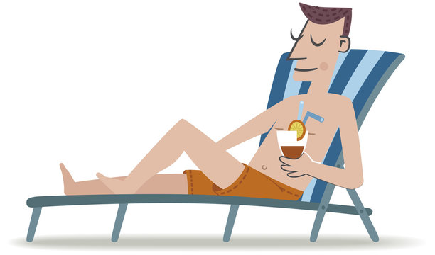 Man in the deck chair. Retro style illustration of a man sunbathing on a deck chair while enjoying a refreshing drink.