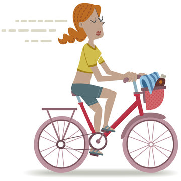 Girl on bike to the beach. Retro style illustration of a woman riding a bicycle goes to the beach with towel and sunscreen.