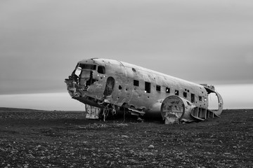 Crashed DC 3 Plane black and white