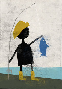 Full length of boy fishing at riverbank against sky