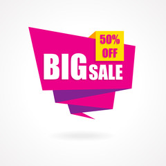 Discount 50 percent off - advertising vector banner in origami retro style. Big sale vector layout. Special offer concept sticker.
