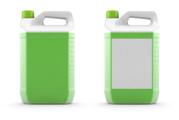 White plastic canister with green liquid, 3d rendering