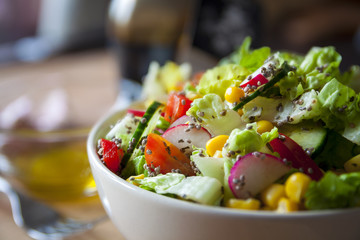 salad with vegetables and greens, closeup