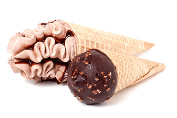 two cones of ice creams with chocolate isolated white background