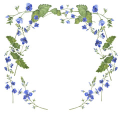 Blue flowers border. Greeting card. Invitation. Forget me not blooming. Hand drawn watercolor illustration.