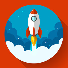 Startup illustration. Rocket in the clouds. Flat design style.