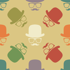 Vintage hipster hat and mustache symbol seamless pattern