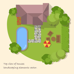  Top view of a country with house,courtyard, lawn and pool. Top view of a house. Vector illustration.