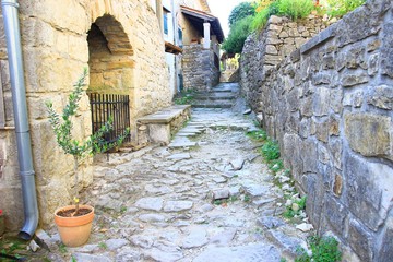 Old stoned ruined street in the smallest town in the world, Hum in Croatia