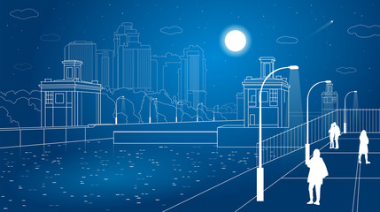 Gateways, night city embankment, people walk, city infrastructure, vector design art