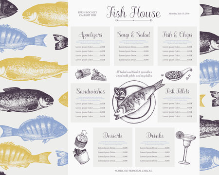 Fish restaurant menu design. Vintage seafood illustration.Vector fish menu template. Hand drawn sea food sketch collection. Decorative fish background.
