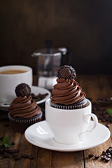 Gourmet chocolate cupcakes with a candy on top