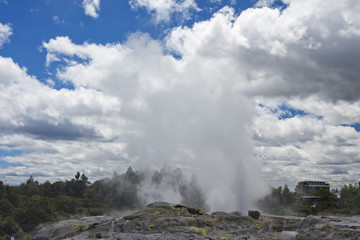 Steam clouds after the eruption of the Pohutu Geyser.