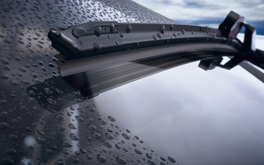Car windshield with rain drops and frameless wiper blade closeup. 3d render - obrazy, fototapety, plakaty