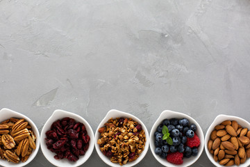 Variety of breakfast food in small bowls