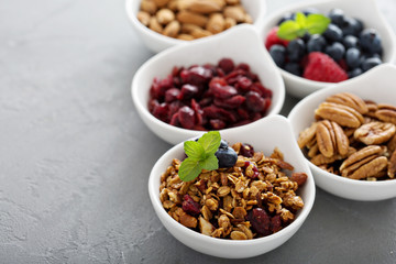 Variety of breakfast food in small bowls