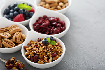 Variety of breakfast food in small bowls