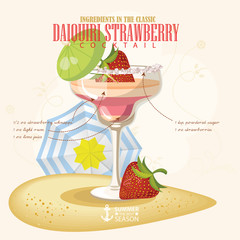Vector illustration of popular alcoholic cocktail. Daiquiri strawberry club alcohol shot.