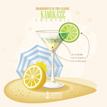 Vector Illustration Of Popular Alcoholic Cocktail. Kamikaze Club Alcohol Shot.