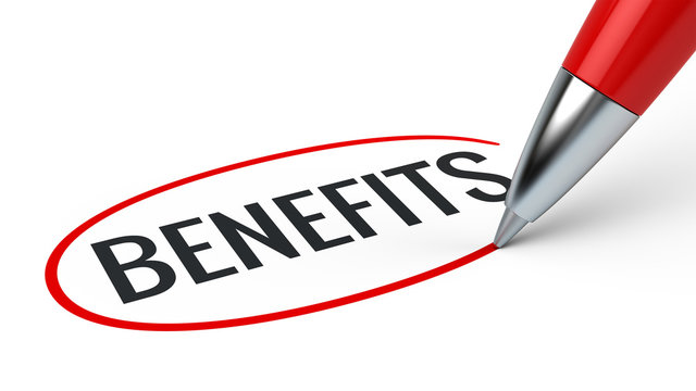 Benefits business concept - benefits word and red pen. 3d rendering
