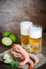 Shrimps with glasses of beer