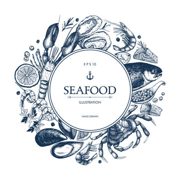 Vector frame with hand drawn seafood illustration - fresh fish, lobster, crab, oyster, mussel, squid and spice. Decorative card or flyer design with sea food sketch. Vintage menu template.