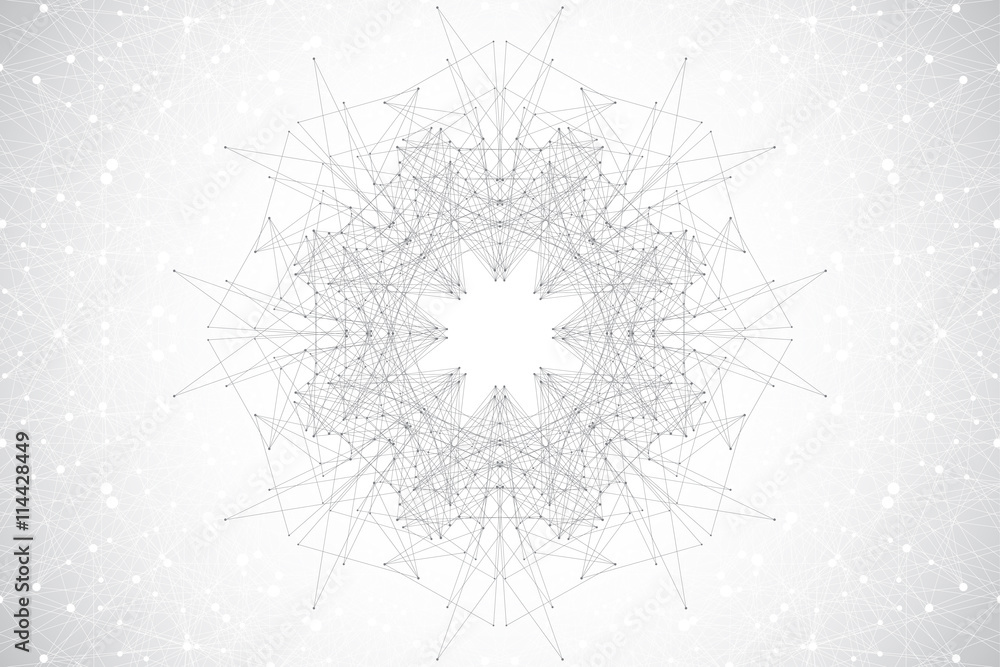 Poster Geometric abstract with connected line and dots, radial graphics. Minimalism chaotic background visualization. Linear sign, symbol. Big data composition. Vector illustration.