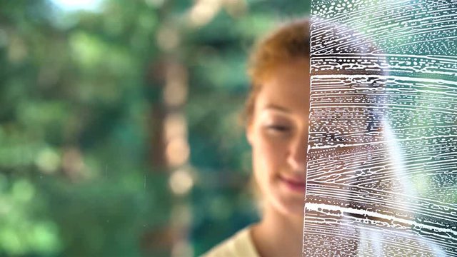 Young attractive woman washes a window using a special brush. Dolly shot.
