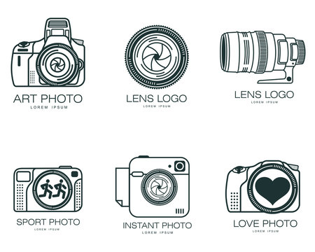 set of logos with the camera lens, vector simple illustration isolated on a white background, logo design camera, a set of lenses and camera design for photo studios and photographic