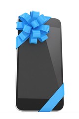 Black phone with blue bow. 3D rendering.