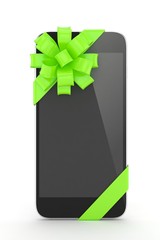 Black phone with green bow. 3D rendering.