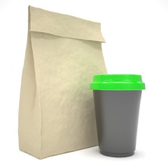 Coffee to go and lunch bag, on white. 3d rendering.