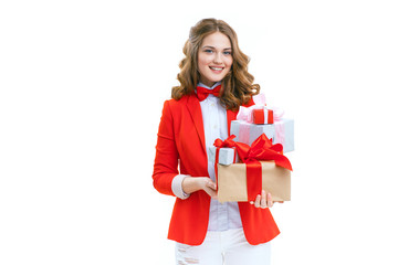 Joyful woman holding a box with gift