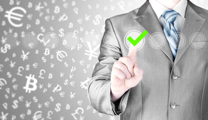 business man touching, pressing modern button with green ticking Check Box.