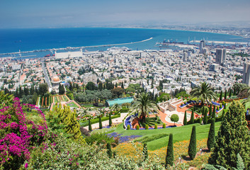 Panoramic view of Bahai temple and Haifa bay, Israel