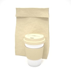 Coffee to go and lunch bag, on white. 3d rendering.