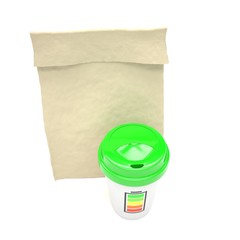 Coffee to go and lunch bag, on white. 3d rendering.