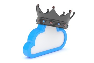 Cloud with black crown on white background. Model of best network, database, cloud storage. Royal technology. 3D rendering.