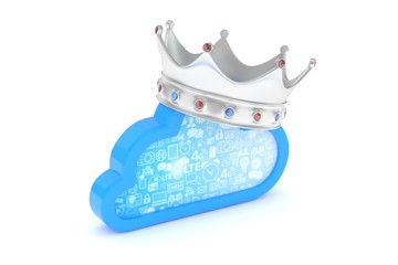 Cloud with silver crown on white background. Model of best network, database, cloud storage. Royal technology. 3D rendering.