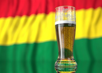 a glass of beer in front a bolivian flag. 3D illustration rendering.