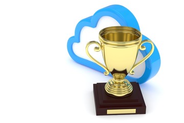 Isoalted golden cup with cloud on white background. Blue contour cloud. Concept of cloud storage competition. Leader cloud drive. Best storage contest. 3D rendering.