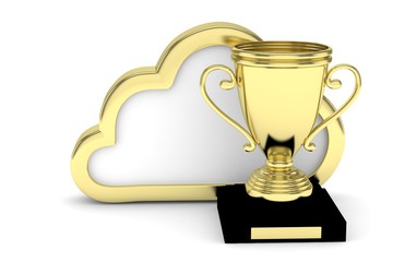 Isoalted golden cup with cloud on white background. Concept of cloud storage competition. Leader cloud drive. Best storage contest. 3D rendering.